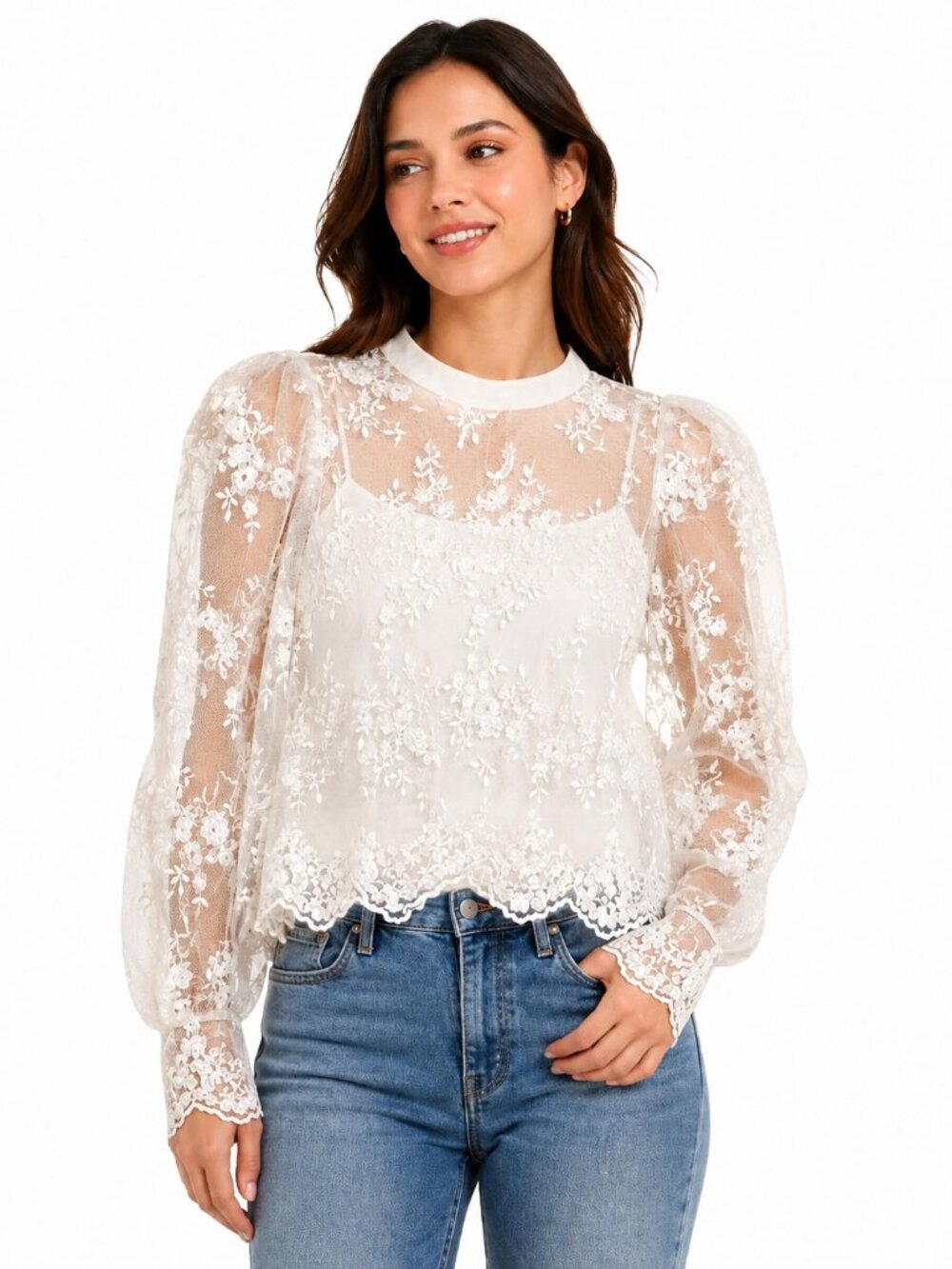 Eilly Bazar White Sheer Embroided Lace Victorian Style Puff Sleeve Blouse -XL